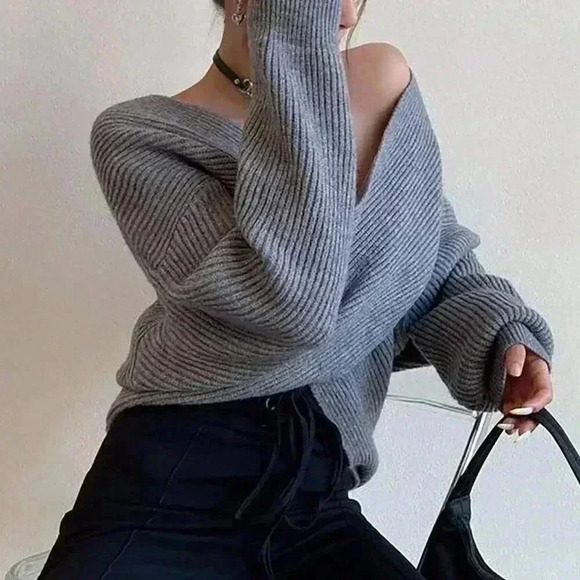 Grey Casual Women's Crossover Wrap Sweater - Picture 2 of 4